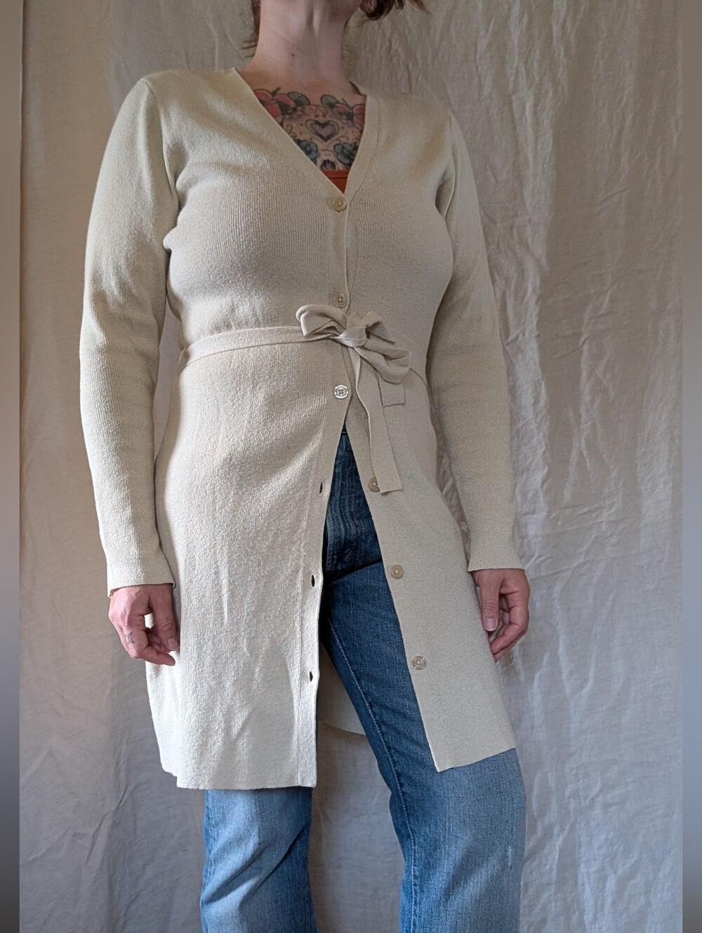 Classic Cream Long Button-Front Tie-Waist Sweater Cardigan/ Dress